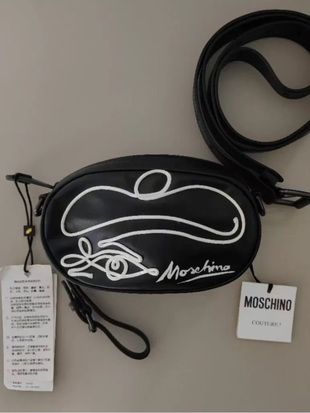 Moschino Runway Picasso Theme Black Leather Oval Fanny Pack with White Graphic
